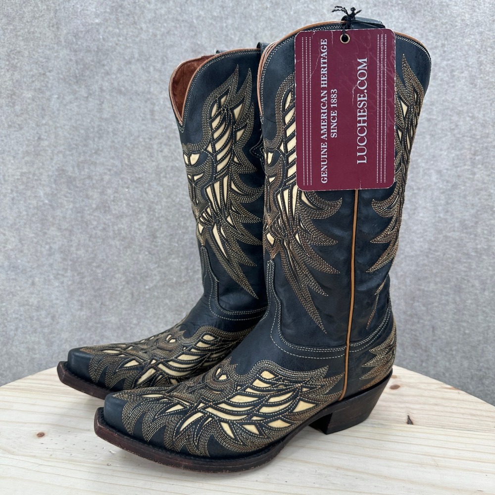 Lucchese Hillsboro M3582 Western Boots Women Black Crackle Bone Inlay Snip Toe